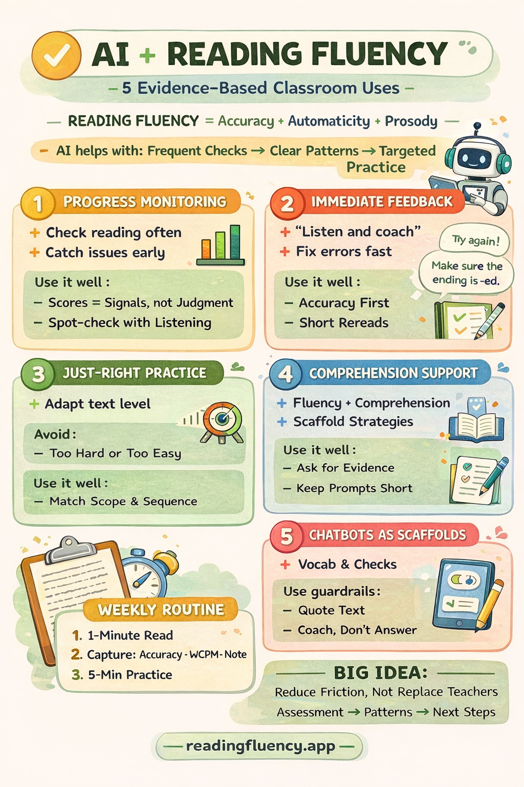 AI and reading fluency infographic showing five evidence-based classroom uses: progress monitoring, immediate feedback, just-right practice, comprehension support, and chatbots as scaffolds