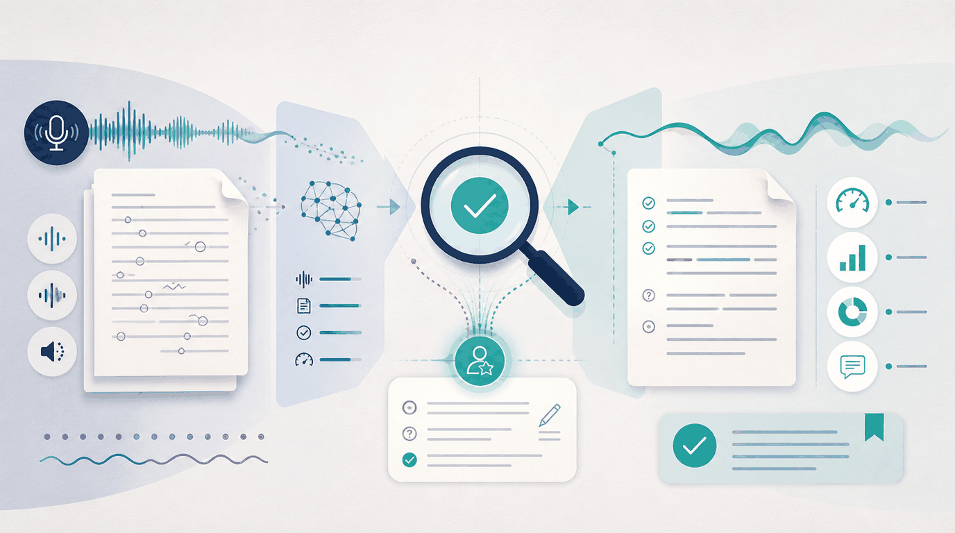 Abstract AI oral reading fluency assessment workflow showing audio, miscue review, teacher verification, and final notes