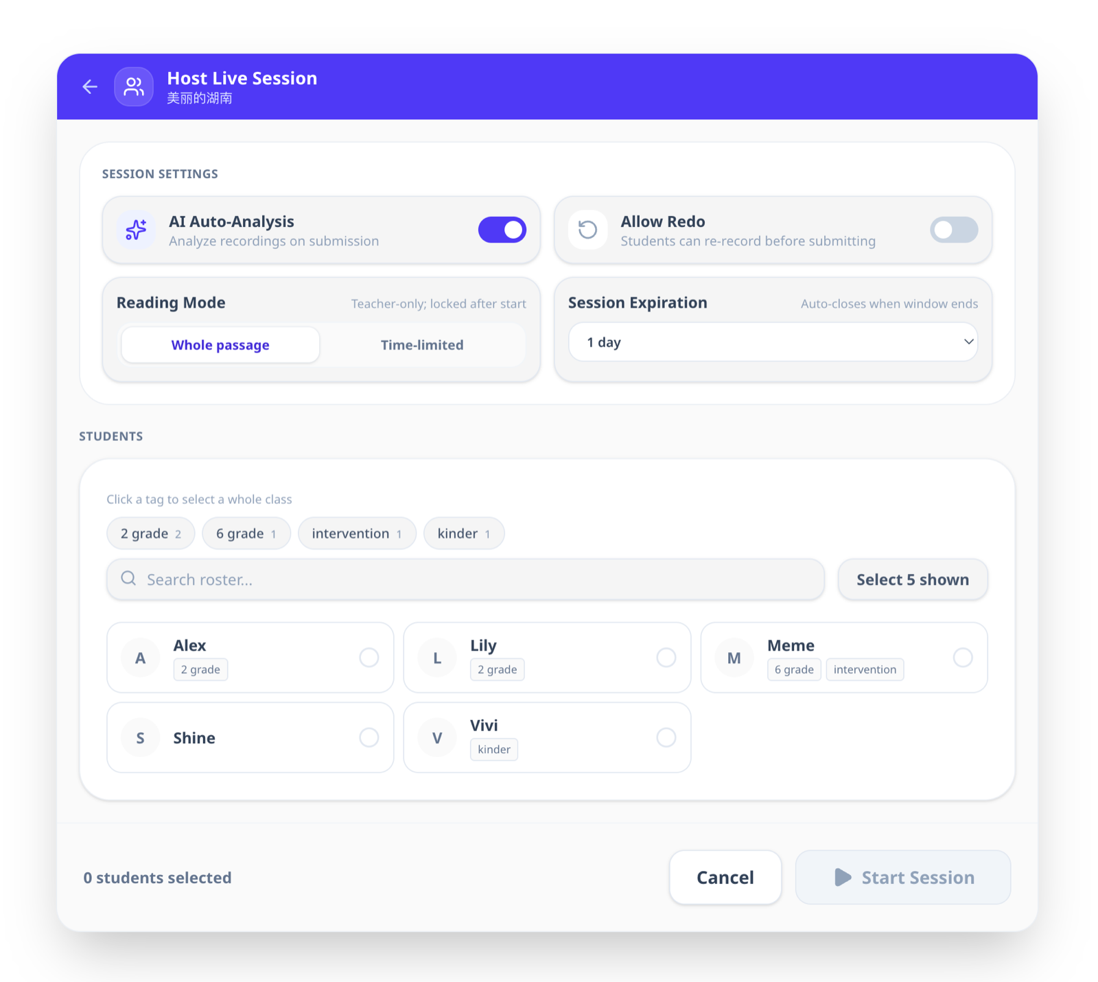 Redesigned Host Live Session screen with grouped settings and filters