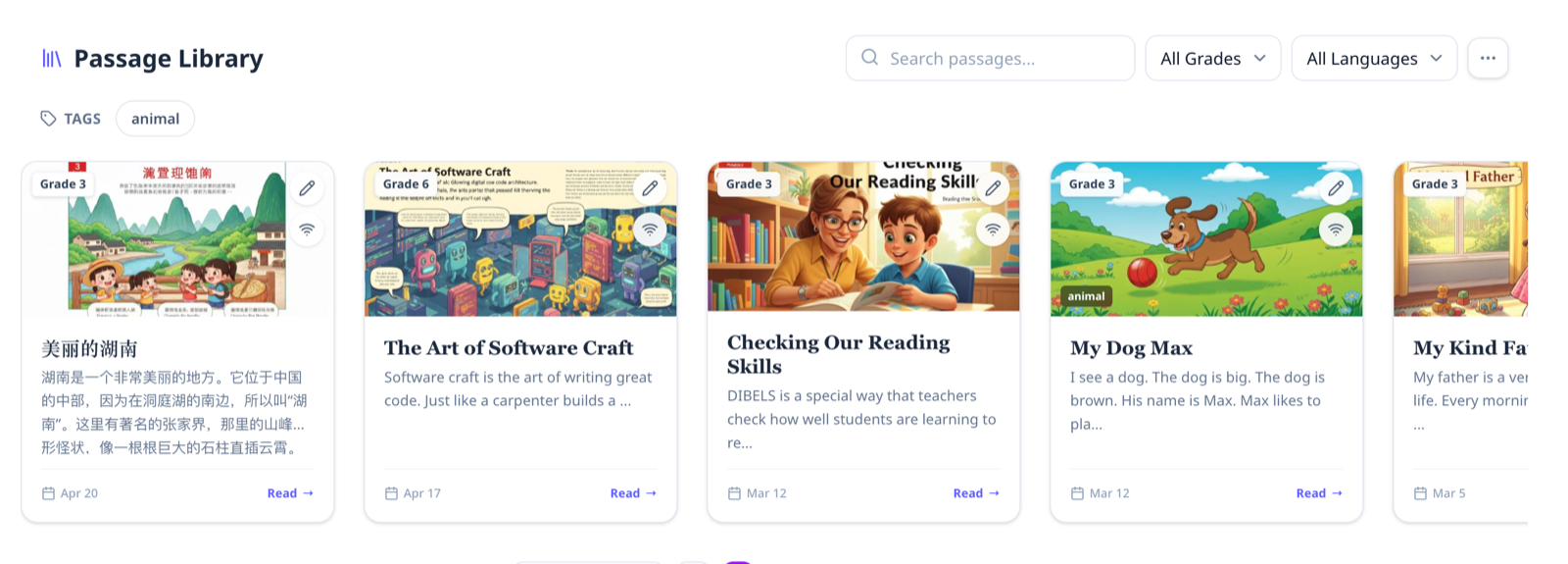 Passage library with inline tag, grade, and language filters