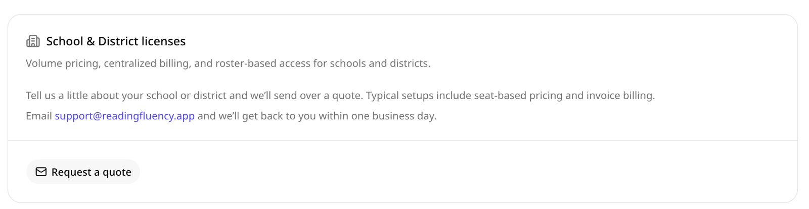 School and district licensing section with request-a-quote CTA