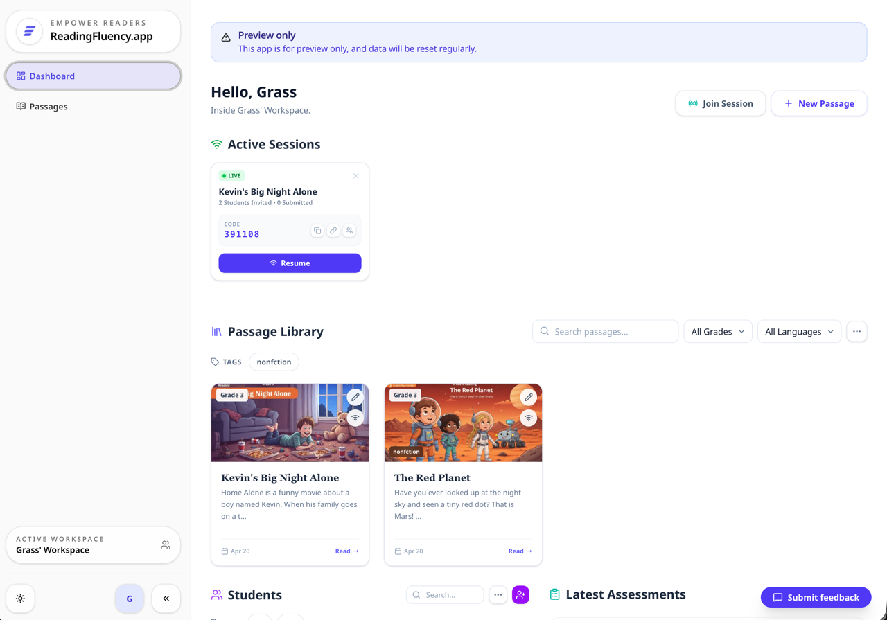 Collapsed sidebar navigation in ReadingFluency.app