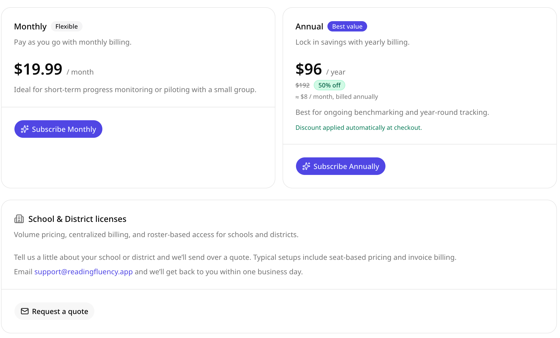 Teacher Plus monthly and annual pricing cards