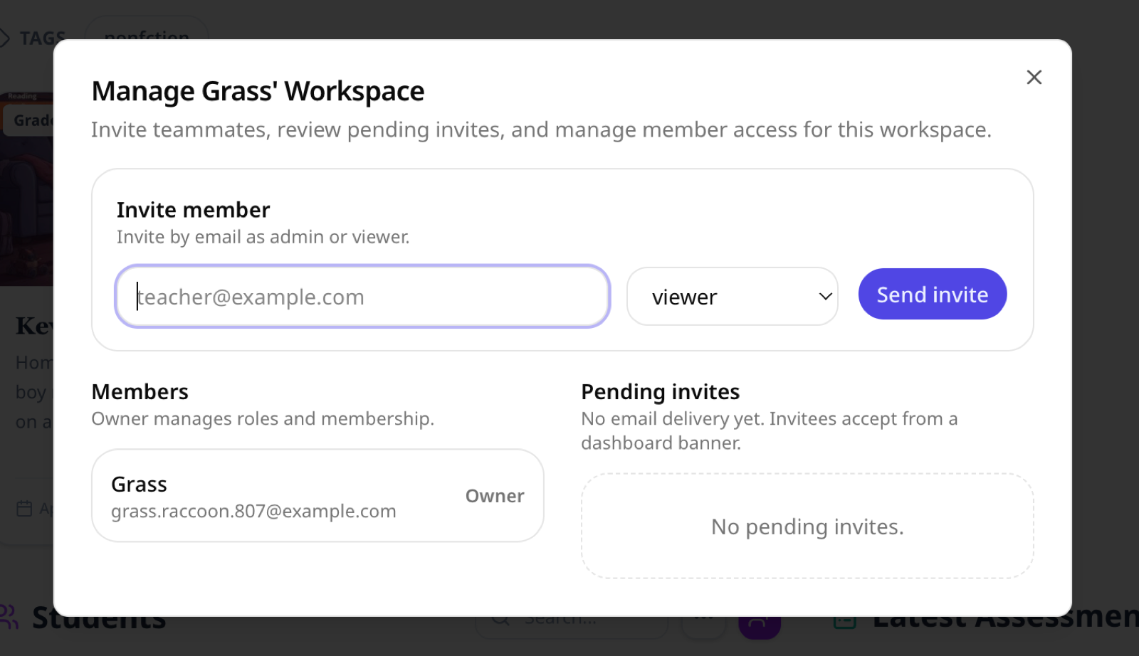 Workspace sharing modal with invite flow and member management