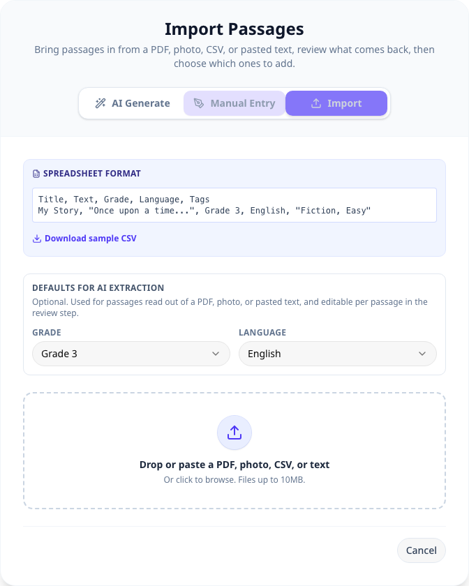 Import dropzone for PDF, photo, CSV, or pasted text