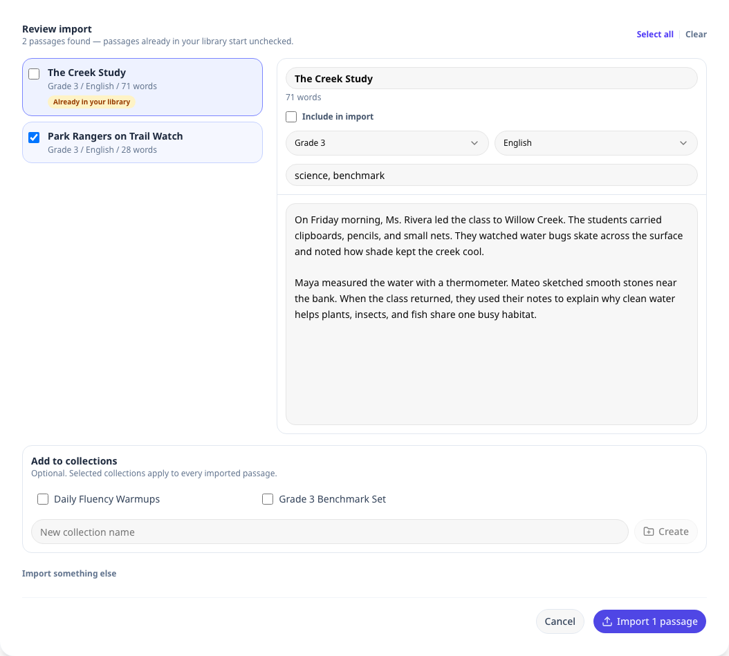 Reviewing detected passages before import, with already-in-library flags