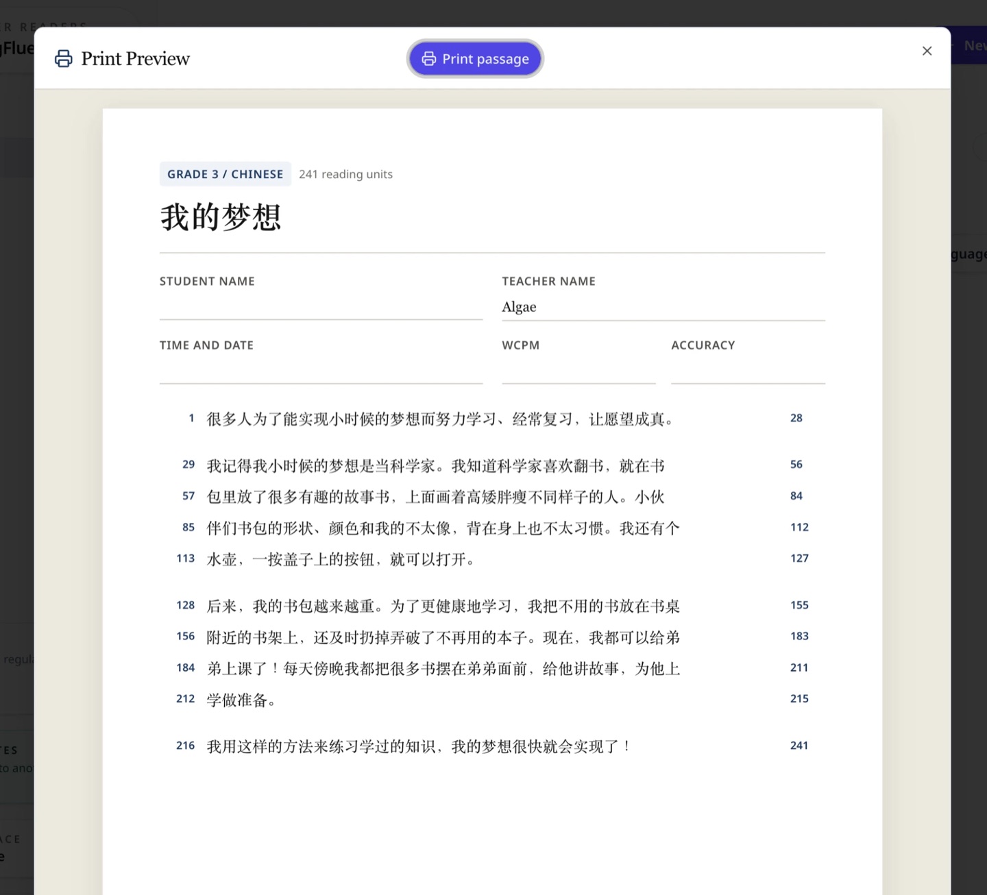 Print preview with numbered word counts