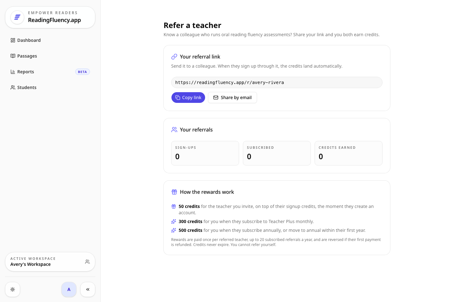 Your referral link, with Copy link and Share by email