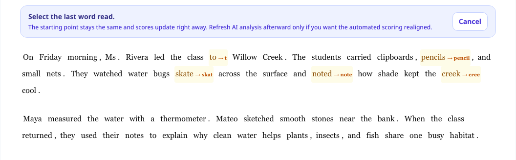 Editing the assessment ending on a report: select the last word read and scores update
