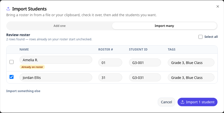 Reviewing an imported roster, with students already on the roster flagged