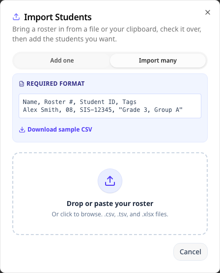 Add Student dialog on the Import many tab, ready for a spreadsheet or pasted rows