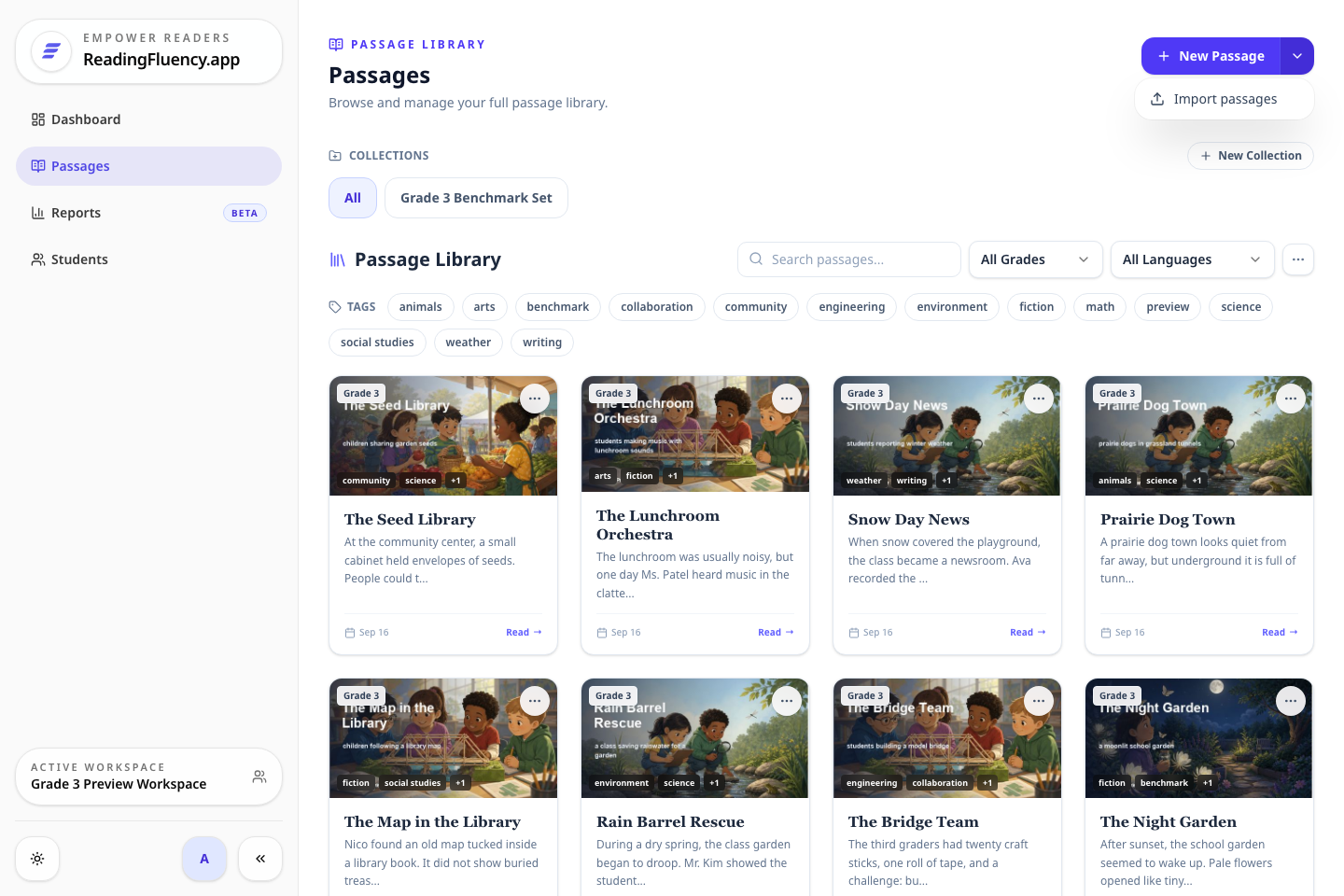 Import passages in the New Passage menu on the Passages page