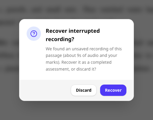 Recover interrupted recording prompt offering to recover or discard an unsaved recording