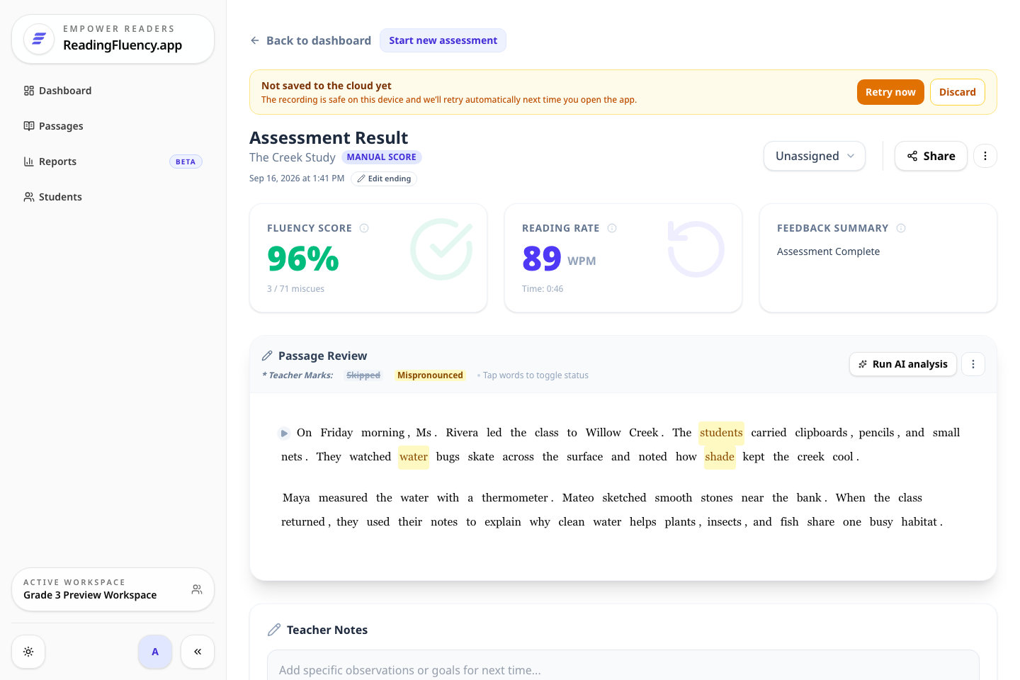 Assessment report with the Not saved to the cloud yet banner and Retry now button