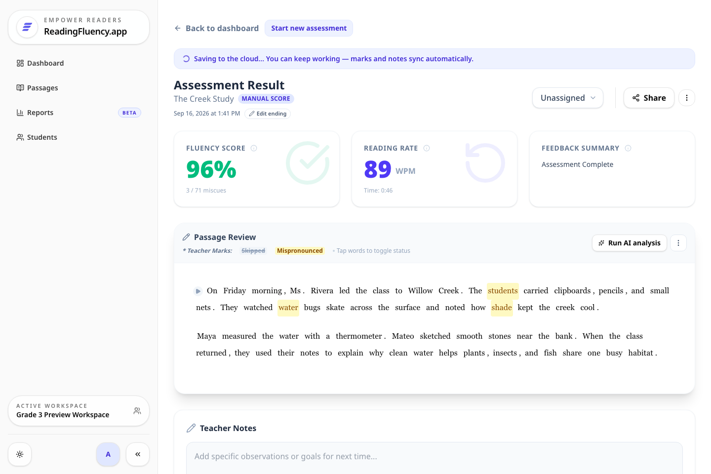 Assessment report open immediately after a reading, with the Saving to the cloud indicator