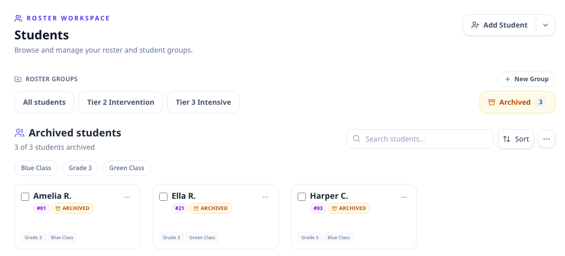Archived tab at the end of the roster group strip showing three archived students